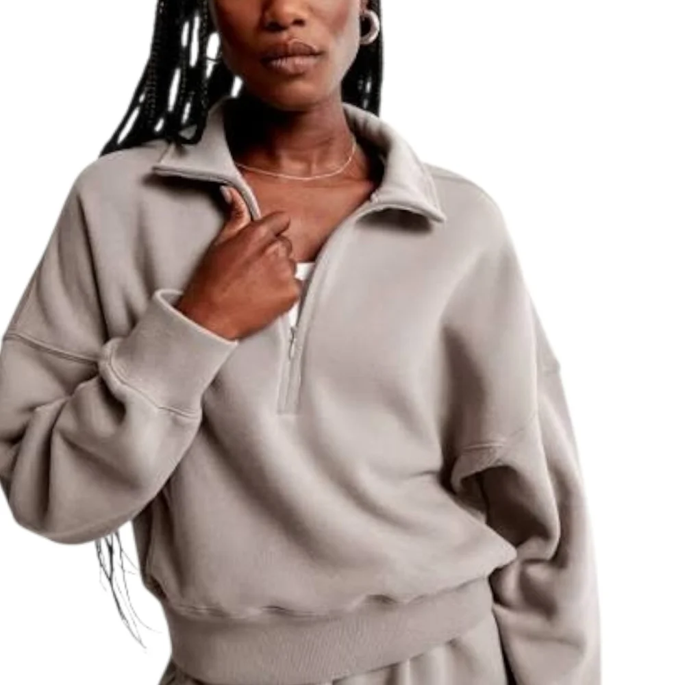 Abercrombie Sunday Half Zip Neutral Sweatshirt Taupe Gray Oversized A&F Max XL - Picture 1 of 13